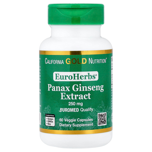 California Gold Nutrition, EuroHerbs®, экстракт женьшеня обыкновенного, качество Euromed, 250 мг, 60 растительных капсул
