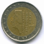 2 евро 2001 год. Нидерланды. Регулярный выпуск. Тип 1. Биметалл VF
