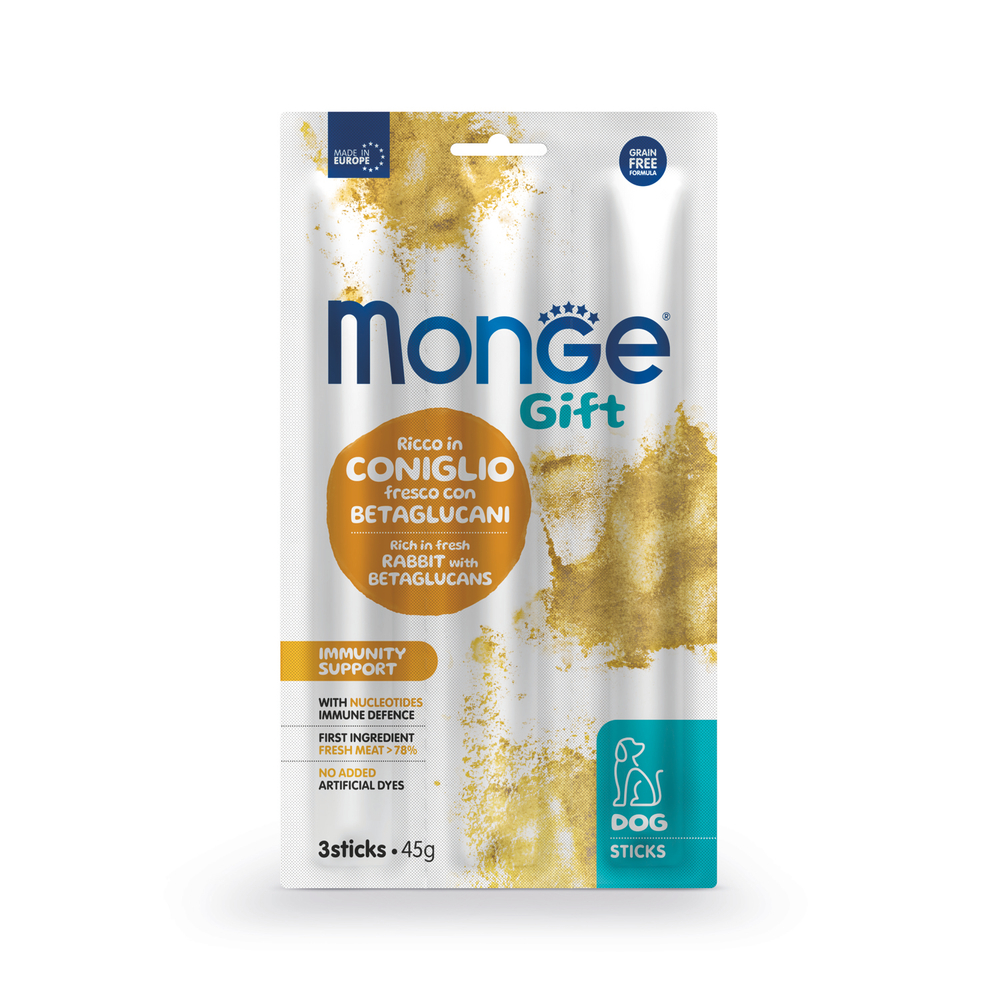 Лакомство Monge Gift Immunity support для собак всех пород "Мягкие палочки" со свежим кроликом, нуклеотидами и бета-глюканами для поддержки иммунитета 45 г