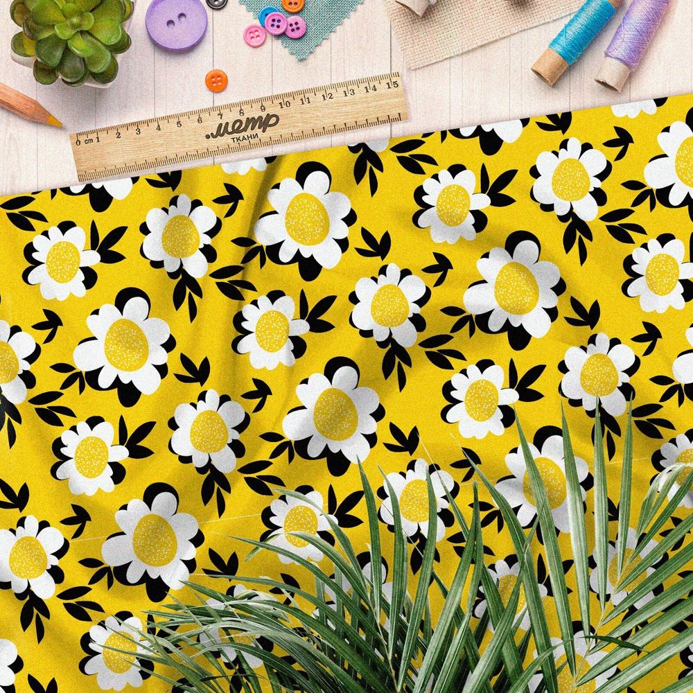Ткань барби ромашки на жёлтом фоне