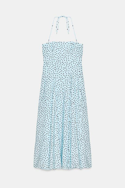 ZARA ПЛАТЬЕ МИДИ В ГОРОШЕК С ГОРЛОВИНОЙ ХАЛТЕР И ОБЪЕМНЫМИ ДЕТАЛЯМИ, КОРИЧНЕВО-СИНИЙ