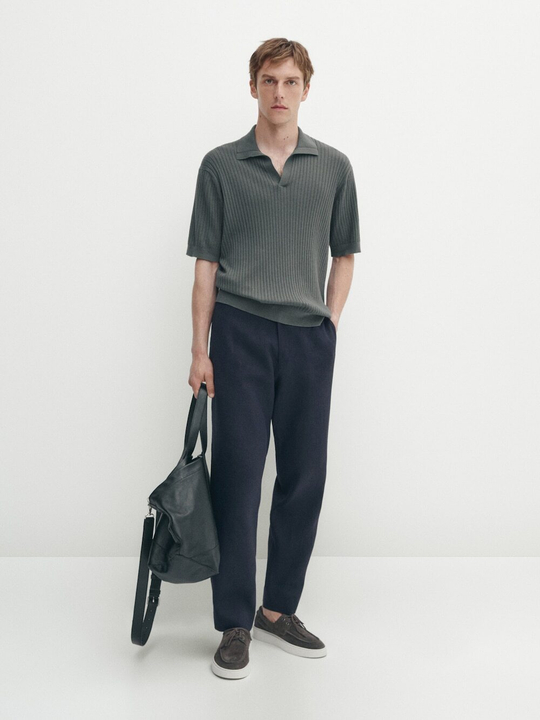 Massimo Dutti Поло из хлопка и льна в рубчик, серый