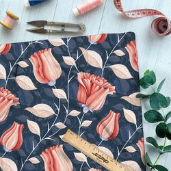 Ткань габардин пастельные бутоны роз на синем фоне