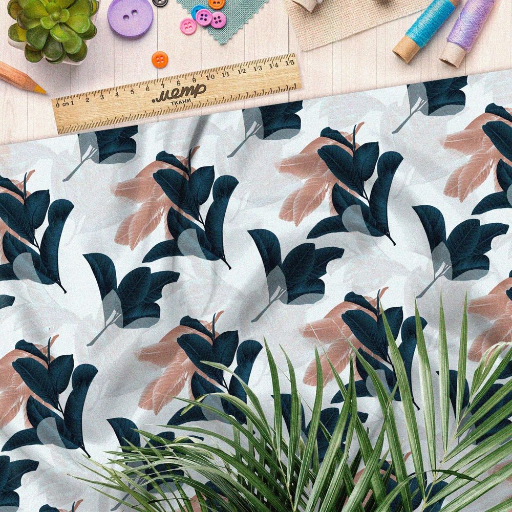 Ткань интерлок листья тёмно-серые и пудровые