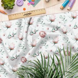 Ткань сатин клевер с листьями акварельный