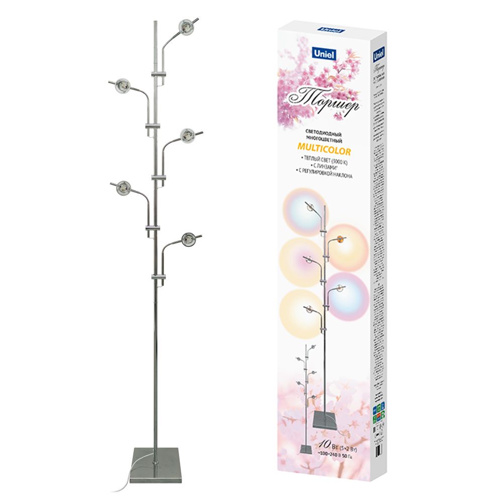 ULM-T640 5x2W-3000K CHROME MULTICOLOR Торшер напольный светодиодный. c регулировкой наклона. с линзами. Сменные светофильтры в-к. Механический выключатель. Металл. Хром. ТМ Uniel