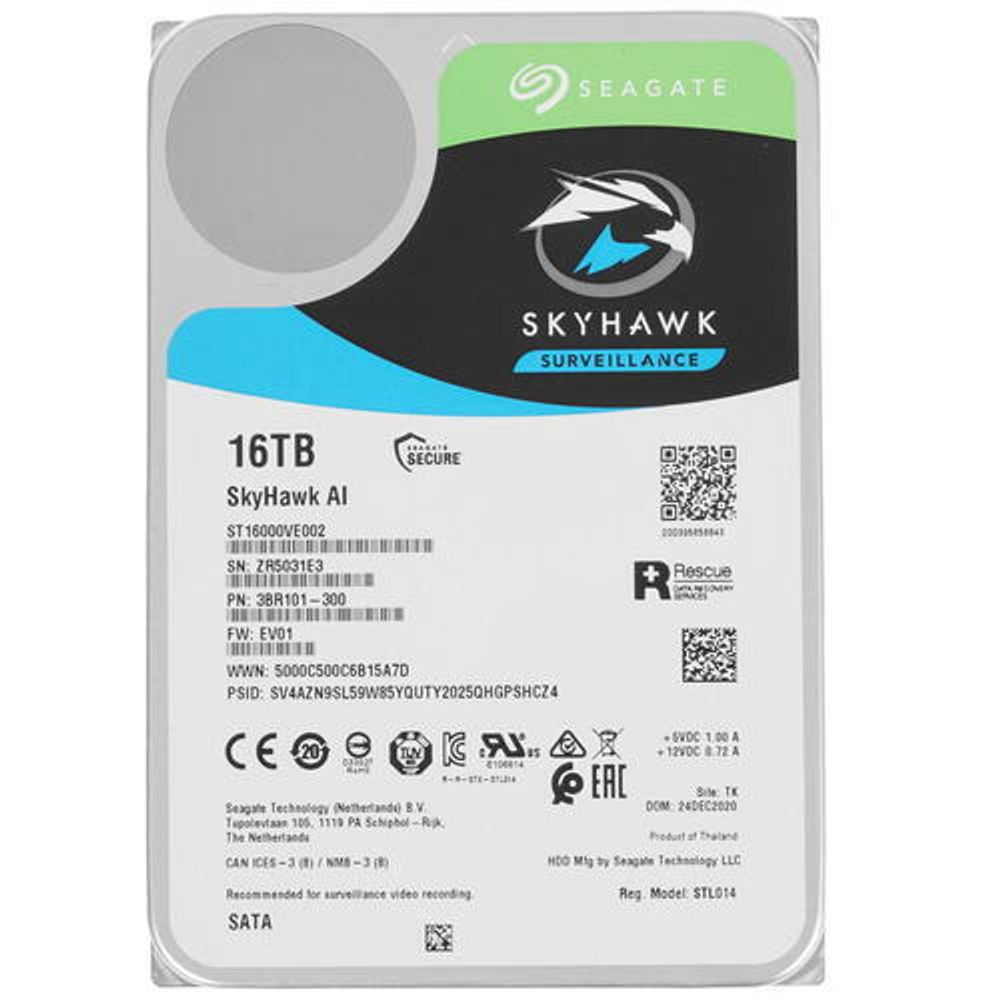 Жесткий диск для видеонаблюдения с искусственным интеллектом 16Tb Seagate SkyHawk AI Survelilance SATA3 3.5&quot; 256Mb 7200rpm ST16000VE002