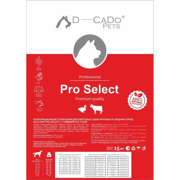 Сухой корм PRO SELECT для собак с говядиной и уткой