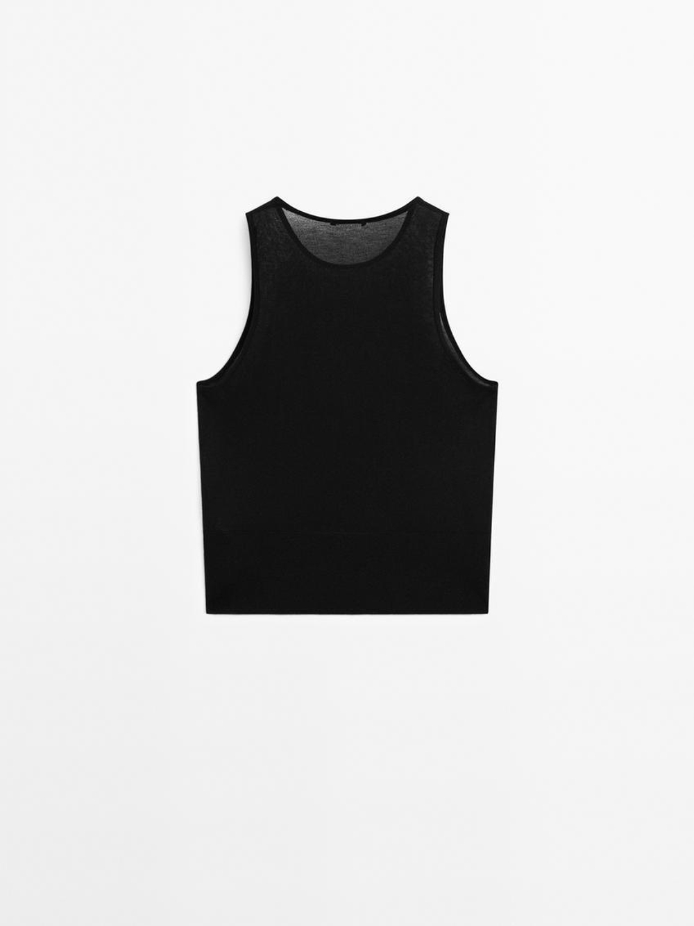 Massimo Dutti Топ из полупрозрачной ткани с круглым вырезом, черный