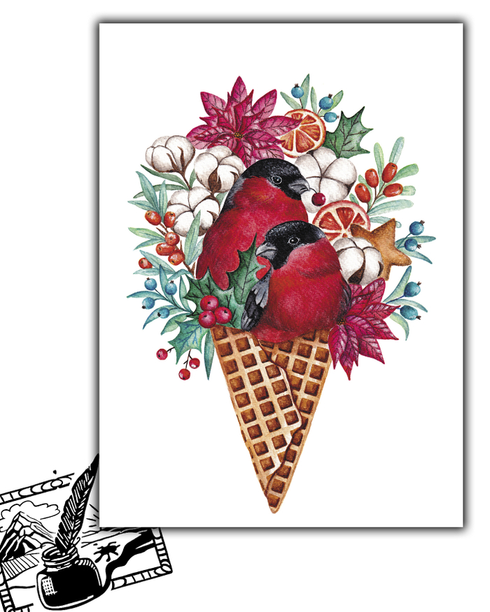 Открытка почтовая. Колесникова Екатерина. Снегири