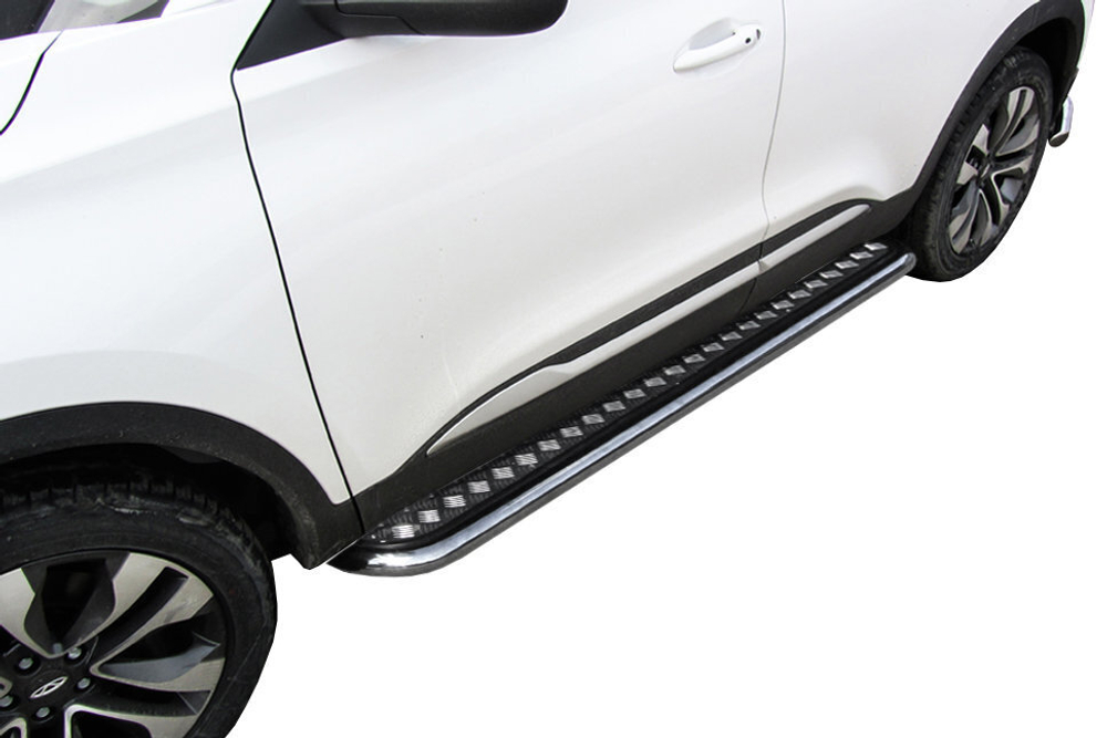 Пороги из нержавейки Chery Tiggo 4 (2018-2023) d57 с алюминиевым листом (черный цвет)