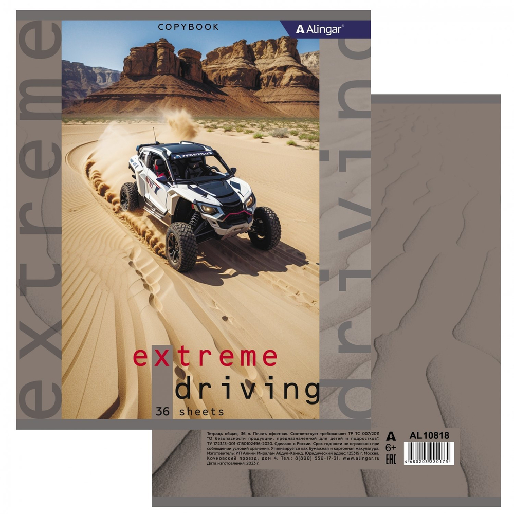Тетрадь 36 л., А5, клетка, Alingar "Extreme driving", скрепка, второй блок, мелованный картон (стандарт), 4 дизайна в пленке т/у