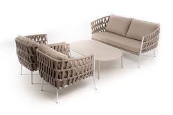 "Диего" лаунж-зона 4-местная плетеная из роупа (веревки), каркас алюминиевый белый, роуп бежевый