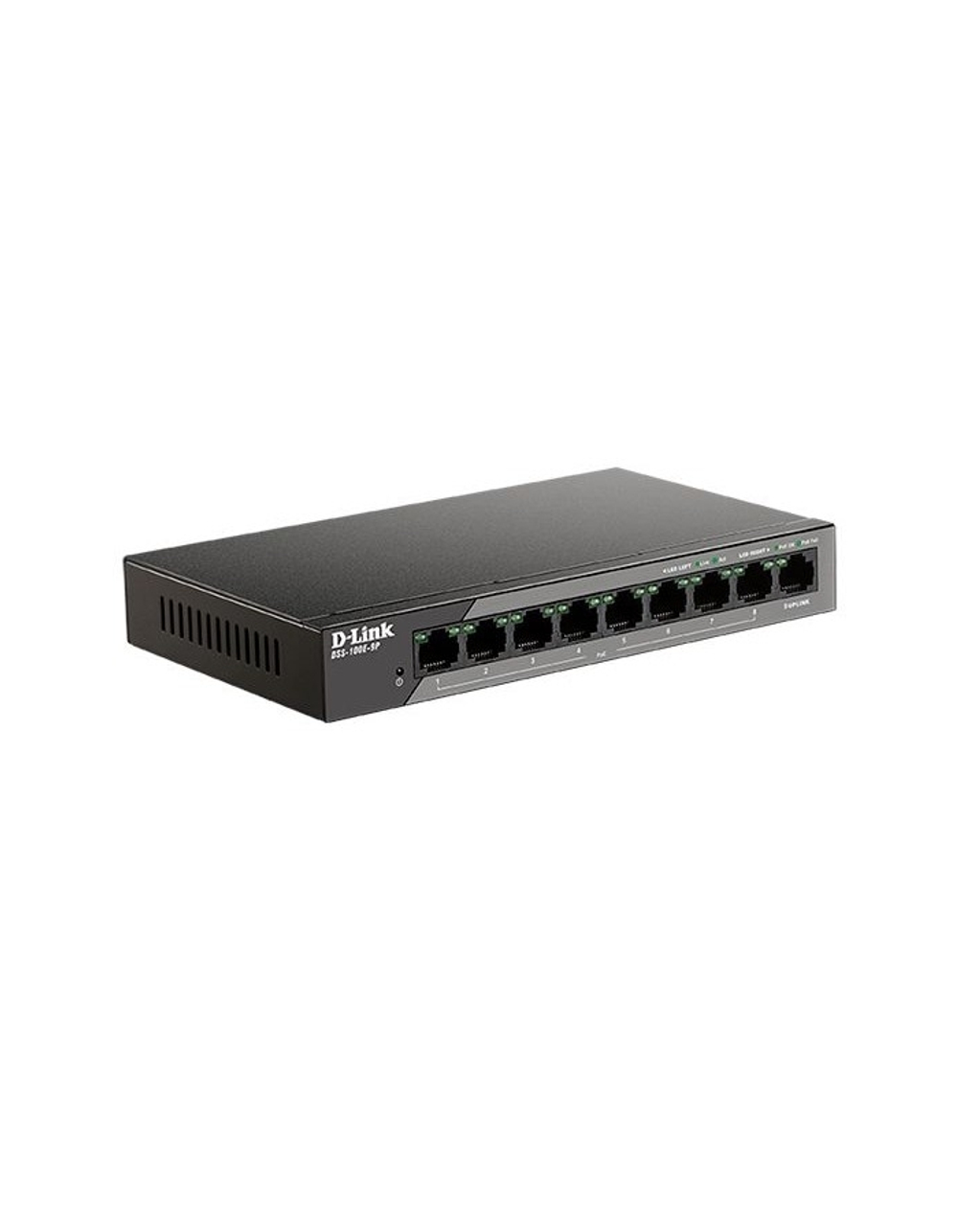 D-Link DSS-100E-9P/B1A Неуправляемый коммутатор с 8 портами 10/100Base-TX и 1 портом 10/100/1000Base-T (8 портов PoE 802.3af/at, PoE-бюджет 92 Вт, дальность до 250 м)