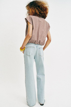 ZARA УКОРОЧЕННАЯ РУБАШКА В КЛЕТКУ ВИШИ, КОРИЧНЕВЫЙ/БЕЛЫЙ