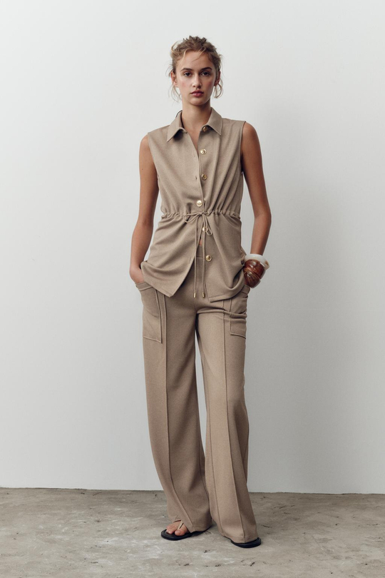 ZARA ЖИЛЕТ ИЗ ТВИЛА С ПУГОВИЦАМИ, БЕЖЕВЫЙ