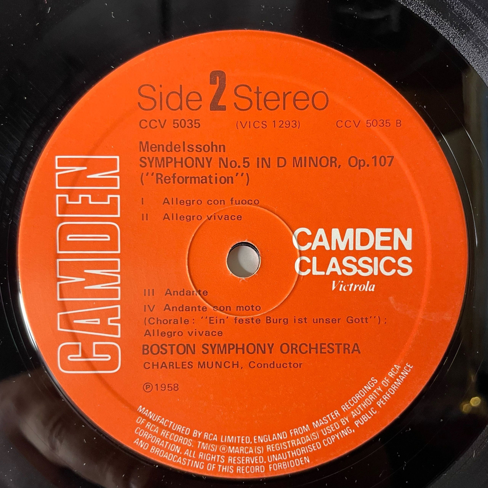 Винтажная виниловая пластинка LP Mendelssohn Мендельсон, Boston Symphony Orchestra, Charles Munch, Symphony No. 4 In A Italian, Symphony No. 5 In D Minor Reformation (Англия 1960)