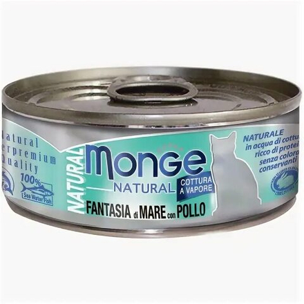 MONGE CAT NATURAL CANS Влажные консервы для кошек морепродукты с курицей, 80 гр.