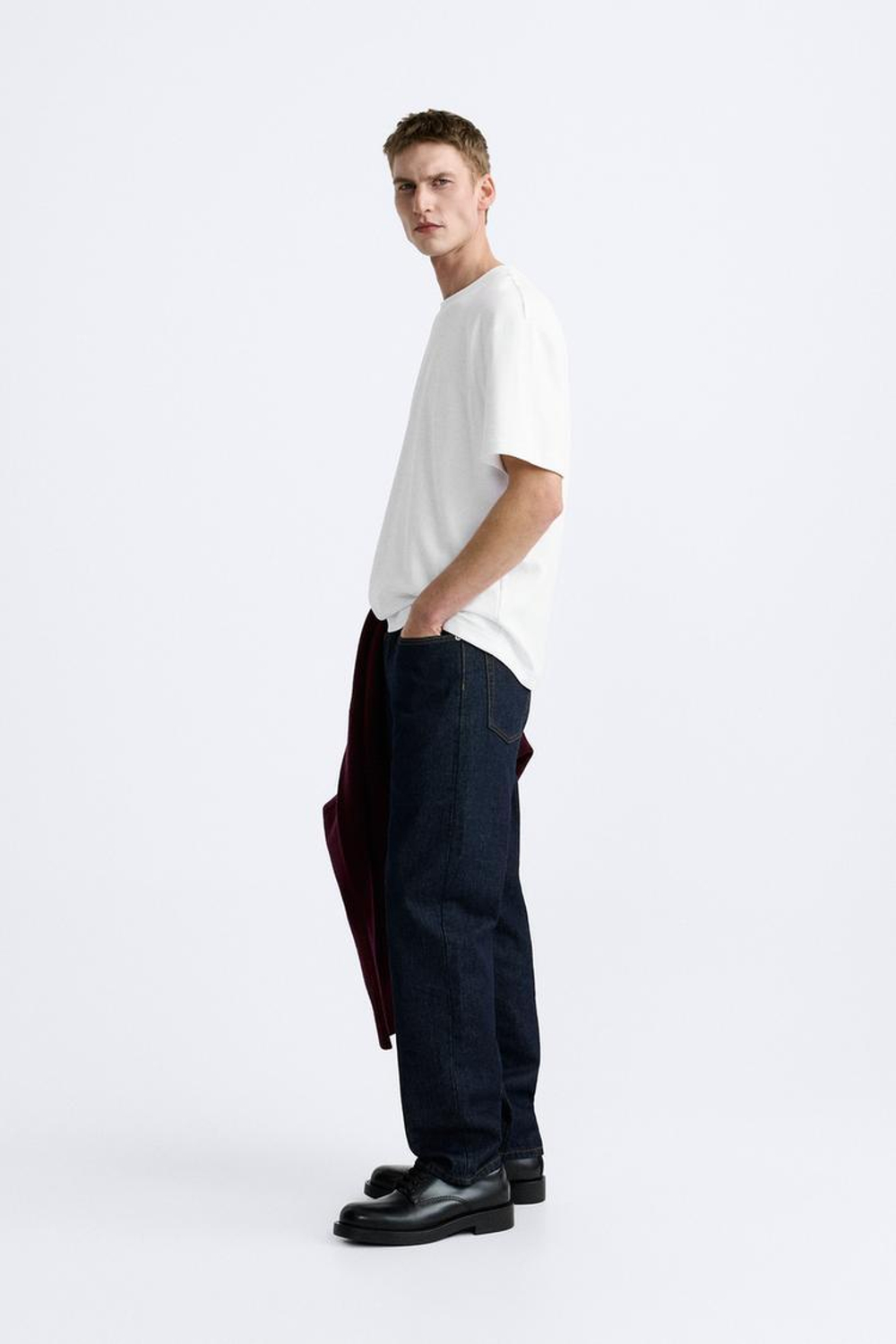 ZARA ФУТБОЛКА REGULAR FIT INTERLOCK, БЕЛЫЙ