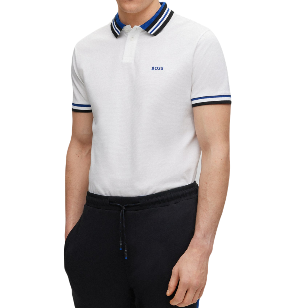 Мужское теннисное поло BOSS Cotton-Piqué Polo Shirt With Ribbed Striped Trims - белый