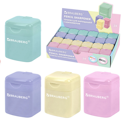 Точилка 1отв. пластик. с контейнером, кросс-серия "Pastel" цвета ассорти (BRAUBERG)
