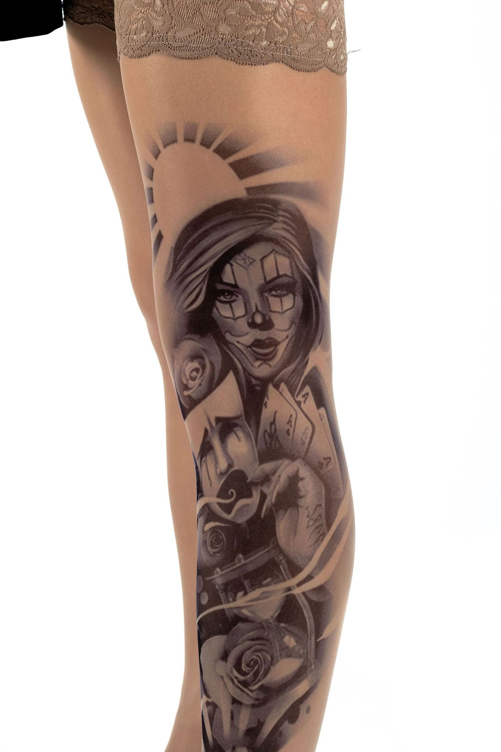 Чулки с принтом-тату на левой ножке (Размер: S-M-L) (Цвет: бежевый)