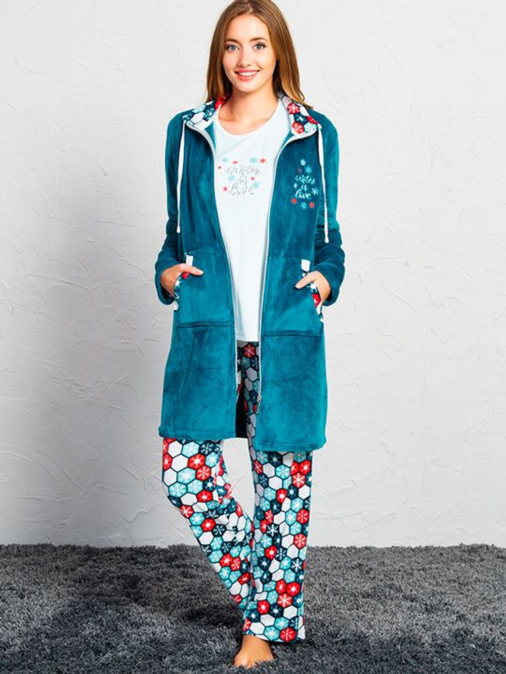 Женский теплый домашний комплект из трех предметов (Размер: M) (Цвет: изумрудный)