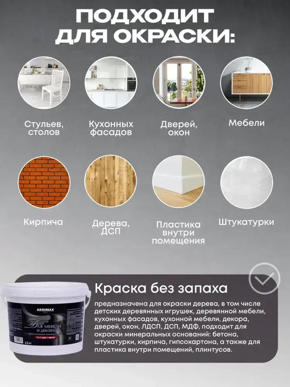 Краска для мебели и декора шелковисто-матовая, акриловая краска без запаха, по дереву для мебели, кухонных фасадов 2,2 кг белая