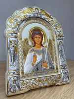 Ангел Хранитель, икона арочная с рамкой под стеклом, белое дерево 266х335
