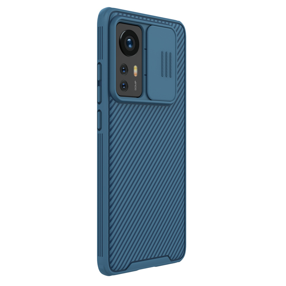 Двухкомпонентный чехол синего цвета от Nillkin CamShield Pro Case для Xiaomi Mi 12 и 12X, с защитной шторкой для камеры
