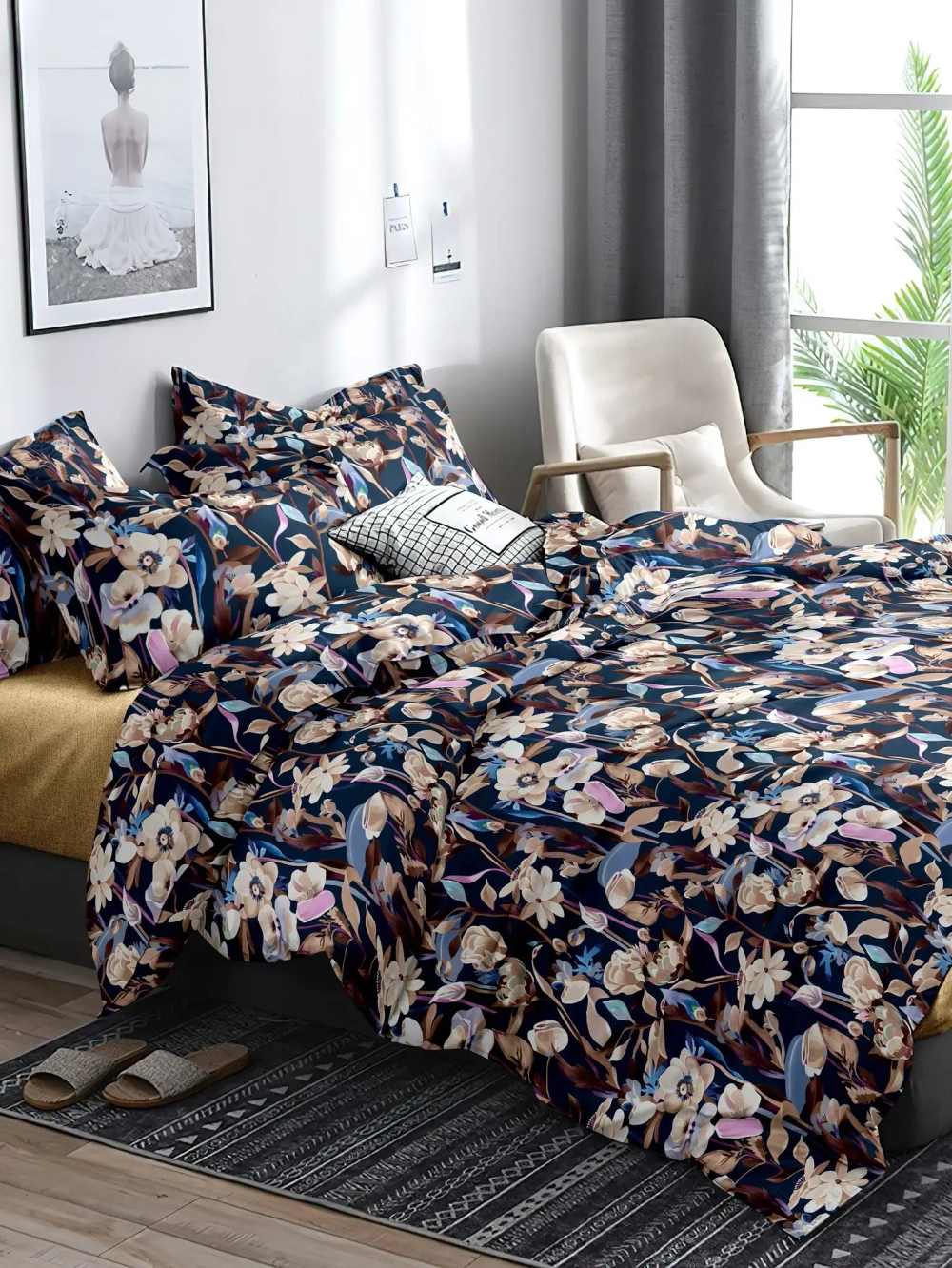 Постельное белье Евро полисатин Павлайн Беж цветы на синем