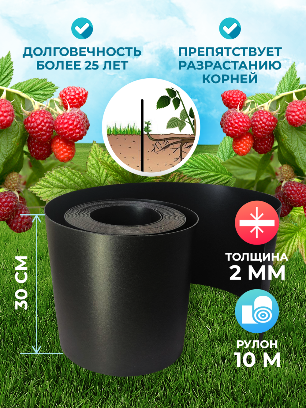 Лента бордюрная высота 30 см, толщина 2 мм, в рулоне 10 метров Черный