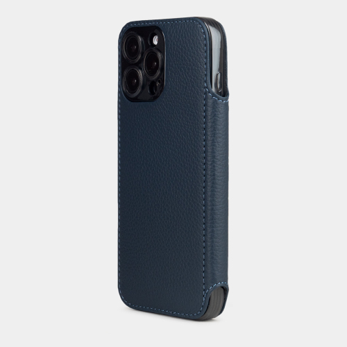 Чехол-книжка кожаная для iPhone 16 Pro, теленок синего цвета