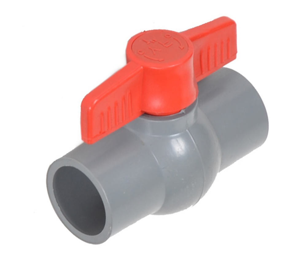 Кран шаровой ПВХ (НПВХ) неразборный компактный под клей, PTFE (Ру10), Китай