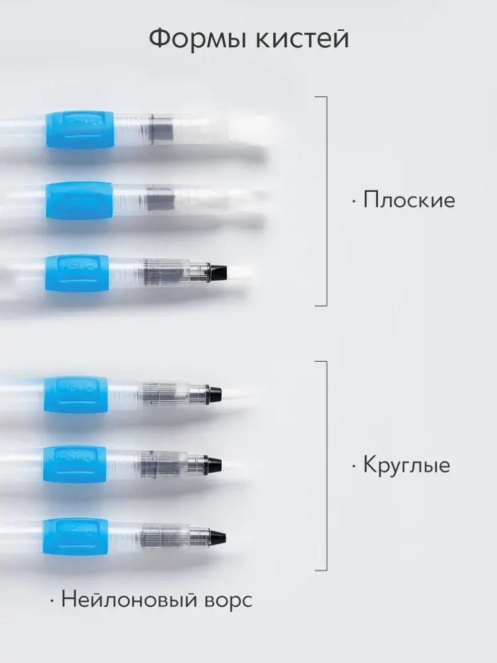 Набор кистей для рисования с резервуаром для воды синтетика (кисточки: круглая, плоская, тонкая) 6 шт., голубые