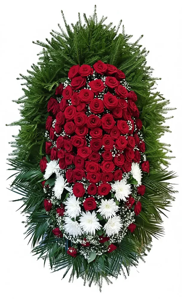 Траурный венок из живых красных роз, белых хризантем и натуральной хвои, размер 180 см