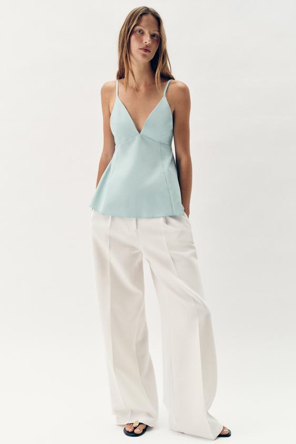 ZARA ТОП С БРЕТЕЛЯМИ И БАСКОЙ, ВОДЯНИСТО-ГОЛУБОЙ