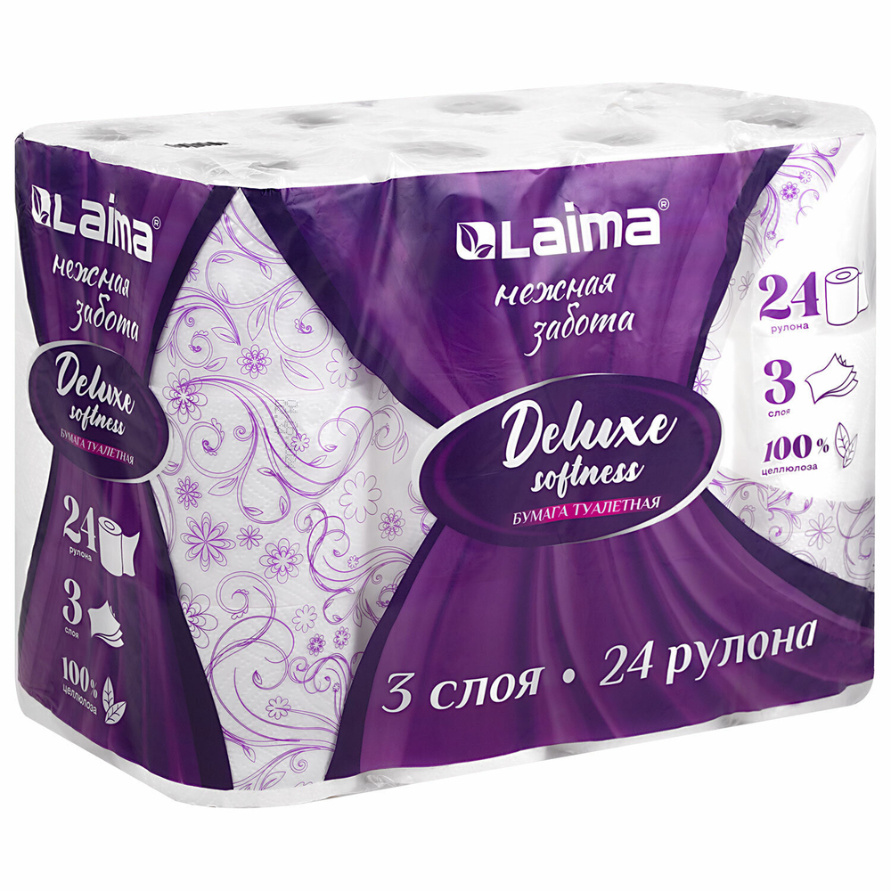 Бумага туалетная 3-х слойная, 24 рулона (24×16,5 м), LAIMA Deluxe, 100% целлюлоза.