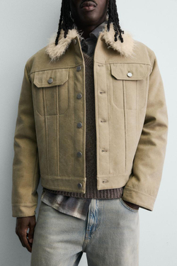 ZARA КОМБИНИРОВАННАЯ ХЛОПКОВАЯ КУРТКА С ЭФФЕКТОМ МЕХА, ПЕСОЧНЫЙ