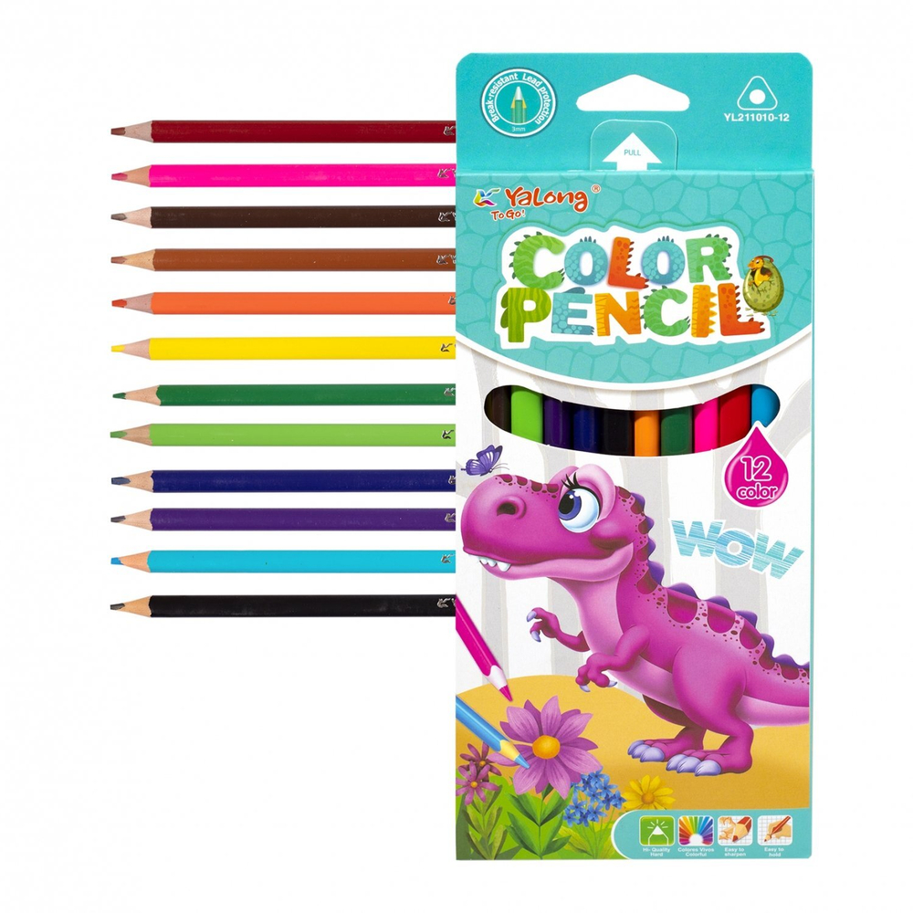Карандаши цветные Yalong 12 цв., "Динозаврики" пластиковые, заточенные, трехгранные, грифель 3.0 мм, картон. уп., европодвес