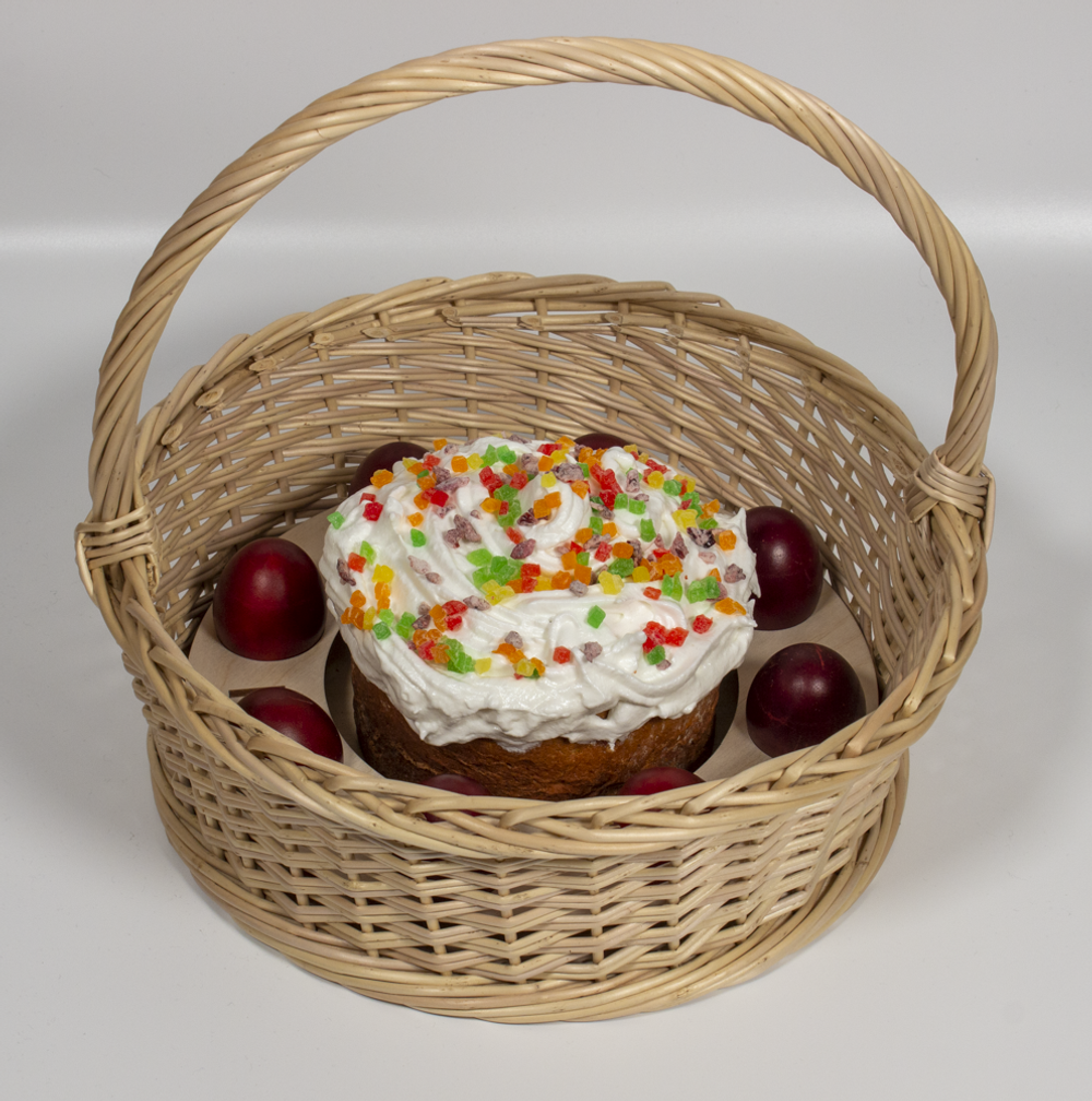 Пасхальная корзинка (глубокая) круглая, с вкладышем для яиц и кулича, диаметр 31 см, высота 11 см, высота с ручкой 30 см