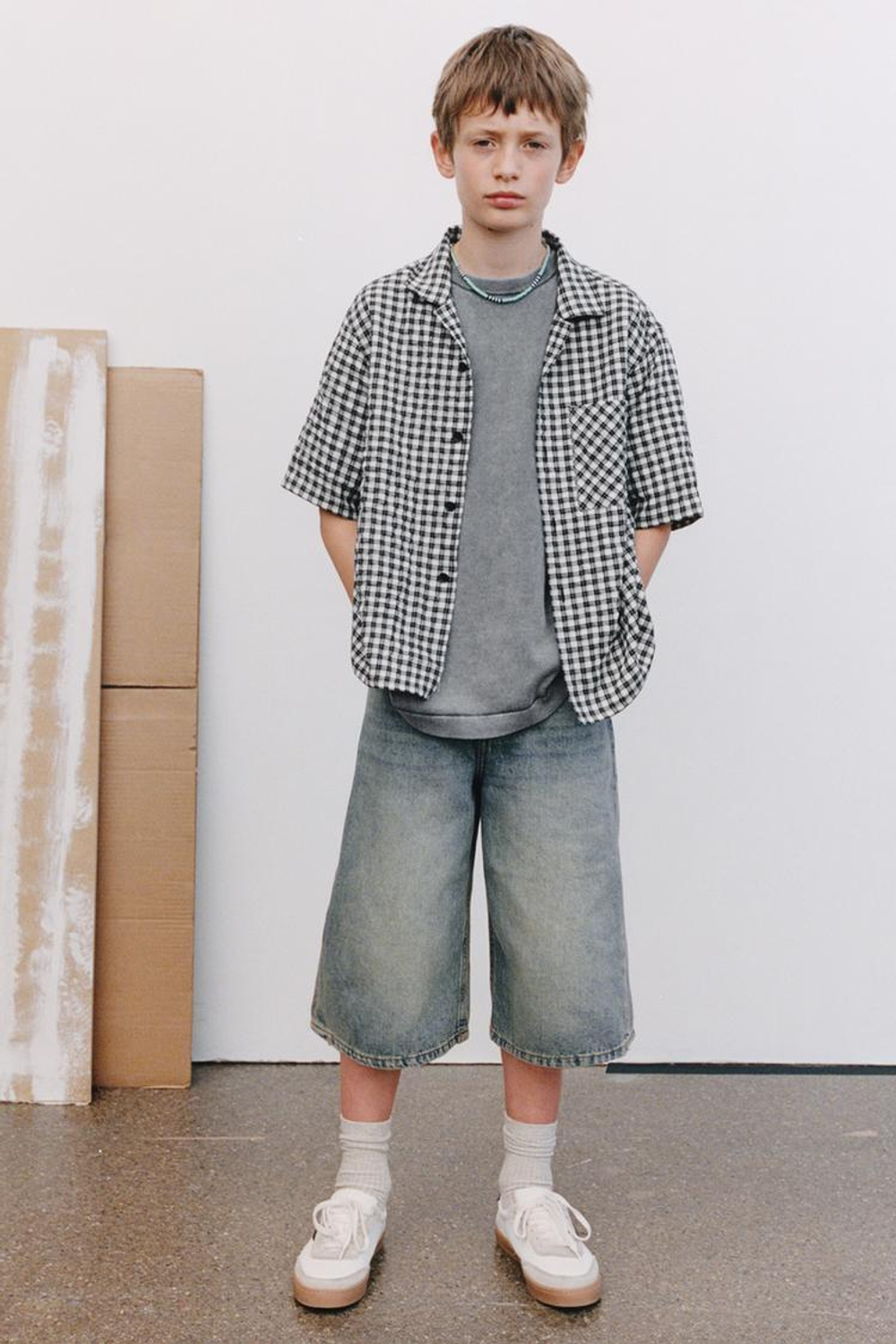 ZARA РУБАШКА В КЛЕТКУ ИЗ ЖАТОЙ ТКАНИ, ЧЕРНЫЙ