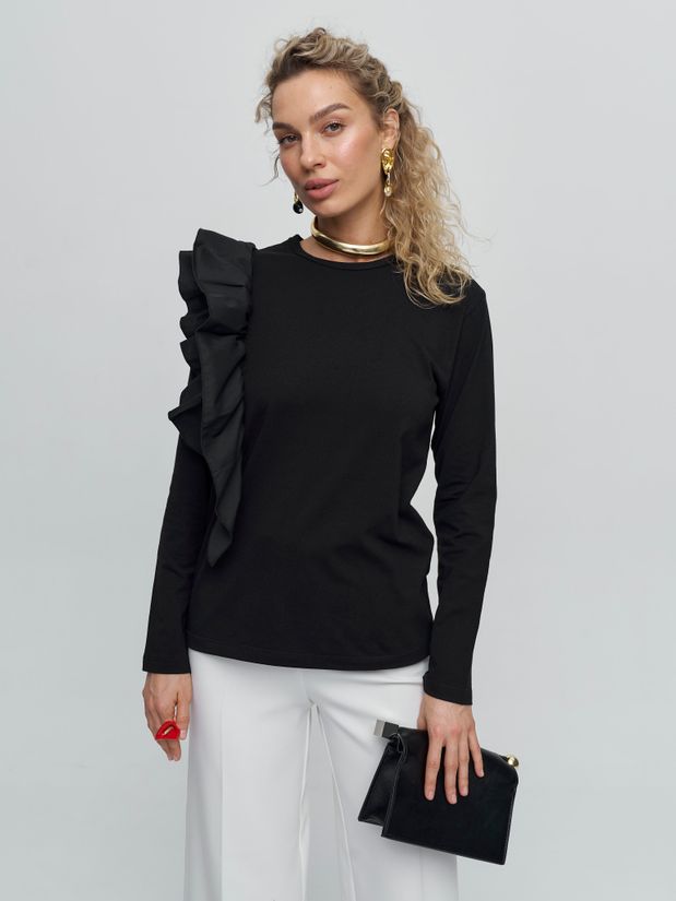 Лонгслив с воланом, черный