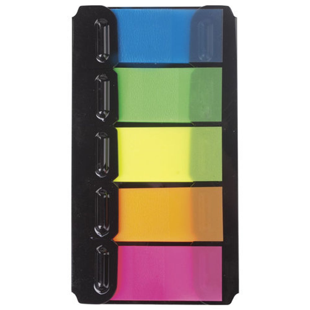 Закладки клейкие BRAUBERG НЕОНОВЫЕ пластиковые, 48х20 мм, 5 цветов х 20 листов, в диспенсере, 122733