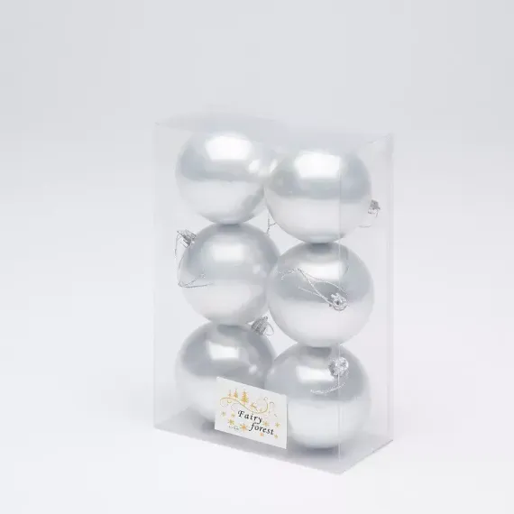 Набор пластиковых шаров Анет 80 мм., серебро перламутр, 6 шт., ЕлкиТорг (150315)
