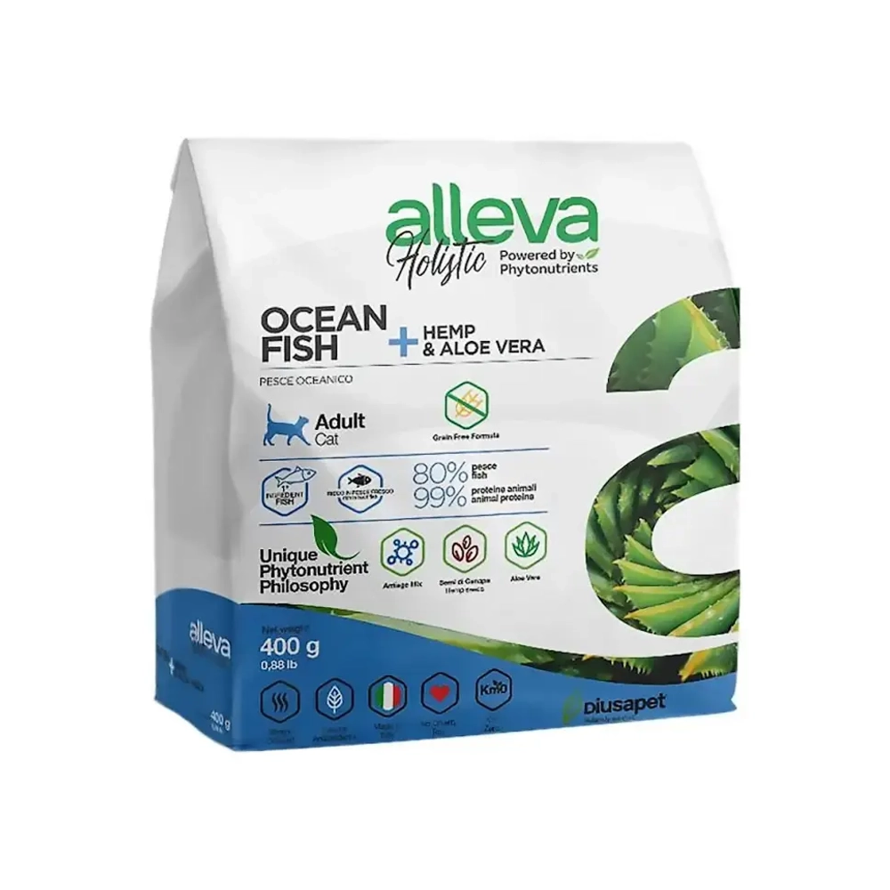 Alleva holistic cat adult ocean fish сухой корм для взрослых кошек с океанической рыбой, коноплей и алое вера - 400 г