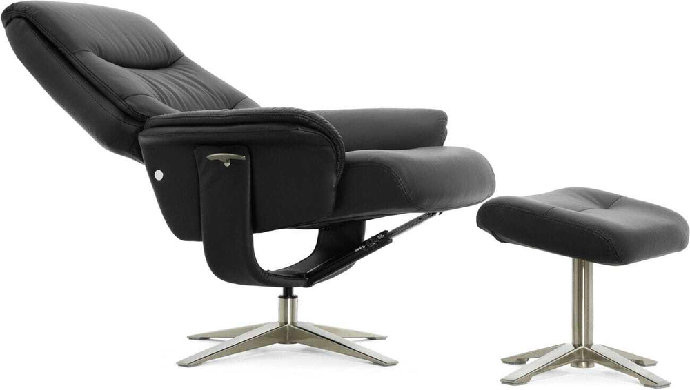 Кресло реклайнер с пуфом для ног Relax BOSS 7826A, натуральная кожа черная (001)