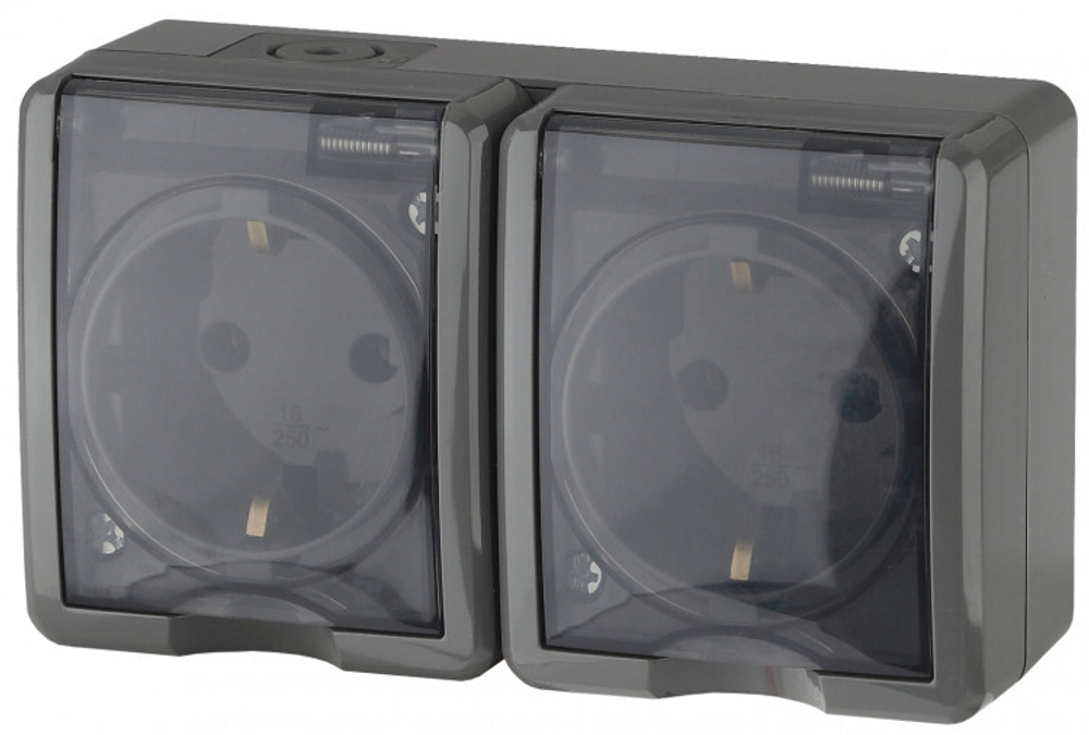 Розетка 2-местная накладная IP54, шторки, 16A-250В, серый Эксперт ЭРА