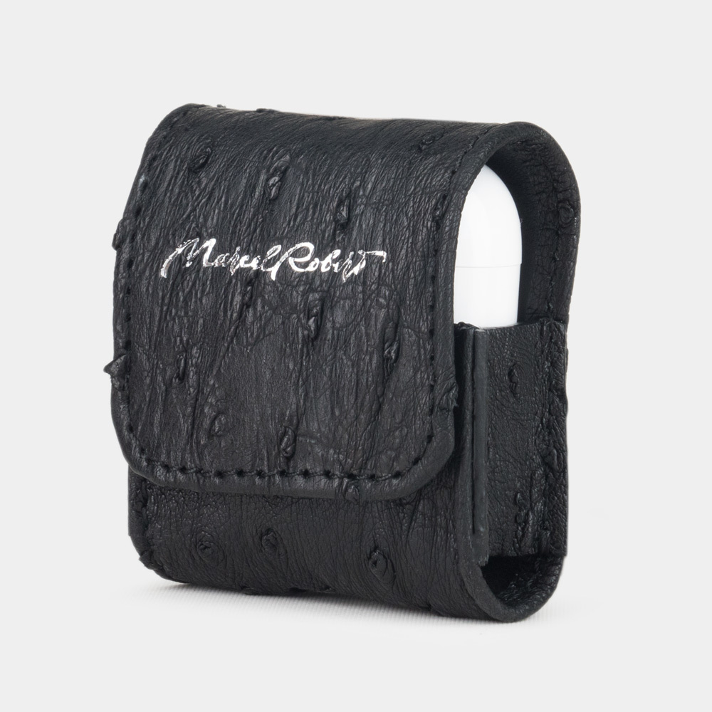 Чехол-держатель для наушников Petit Bisness из натуральной кожи страуса, черного цвета