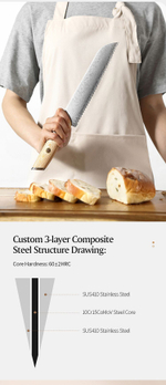 Кухонный нож Xinzuo B37S Bread нож 8,5 дюймов клинок 3 Layers Composite рукоять дерево pakka, длина лезвия 21,2 см